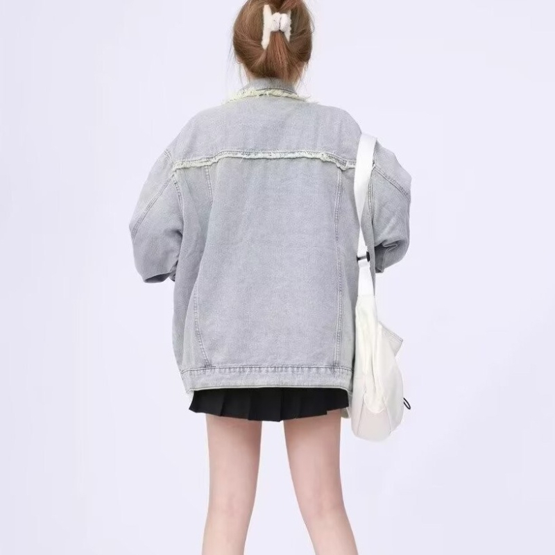 Γυναικείο τζιν μπουφάν με ρετρό γούνα και σκισίματα, για την άνοιξη και το φθινόπωρο, χαλαρό, casual, σε all-match στυλ, μοντέρνο τοπ