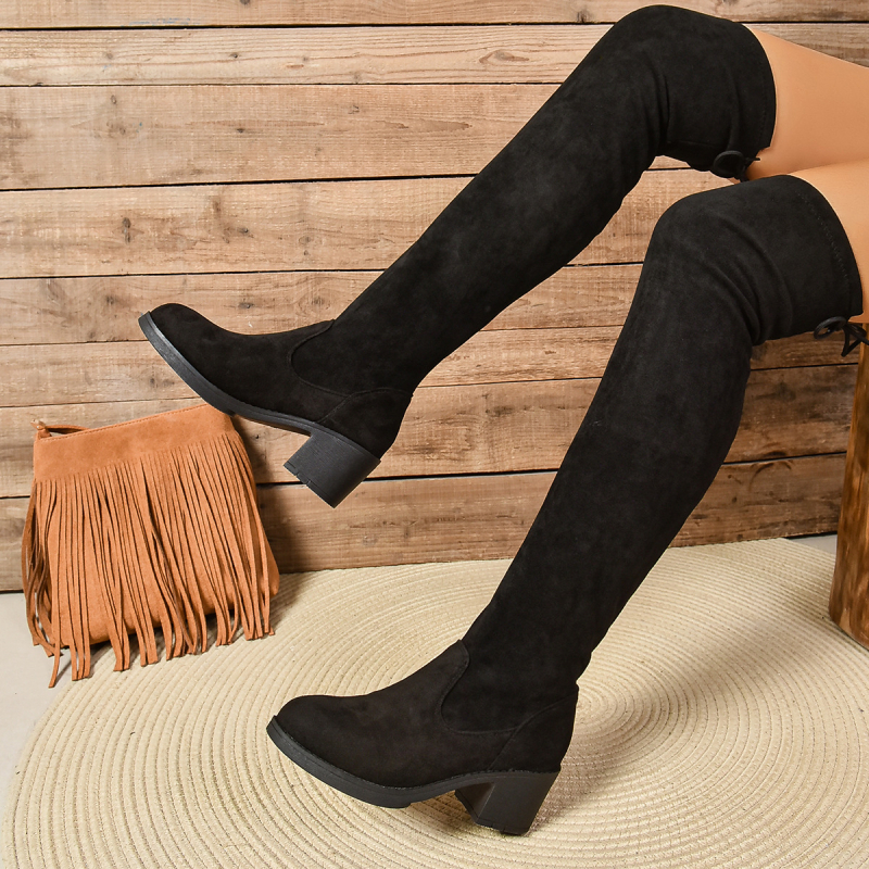 Vanjskotrgovinske čizme plus size za žene, europske i američke prekogranične zimske nove okrugle četvrtaste pete, jednobojne modne ženske čizme na veliko, generacija