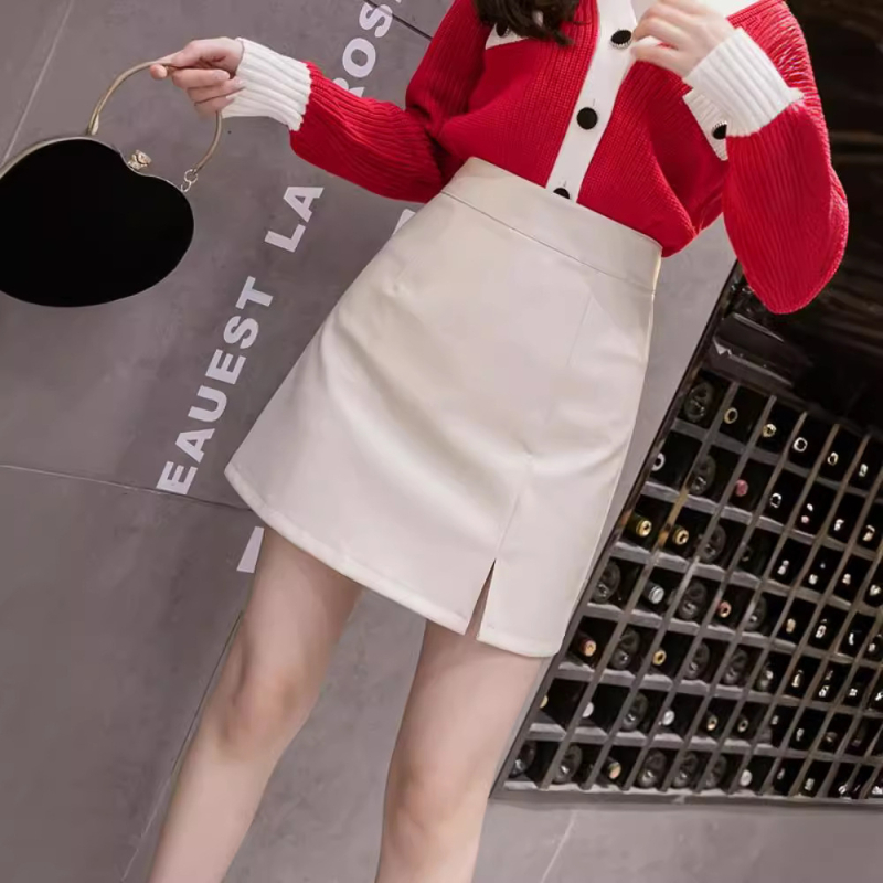 Nová jesenná a zimná sukňa s vysokým pásom z umelej kože s rozparkom, elegantná priliehavá krátka sukňa pre ženy, šik, všestranná a módna sukňa do A