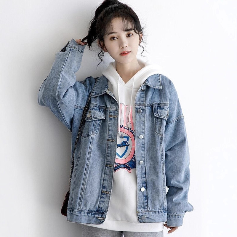 Γυναικείο τζιν τοπ American Retro, ευέλικτο, casual τζιν παλτό, μακρύ τζιν με φαρδύ πέτο και μακριά μανίκια.