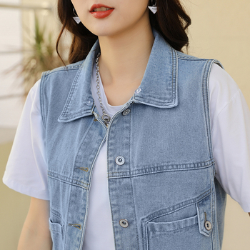 Dámska džínsová vesta s kapucňou, univerzálny jarný a letný sveter svetlomodrý krátky sveter s čiapkou, úzka bunda bez rukávov
