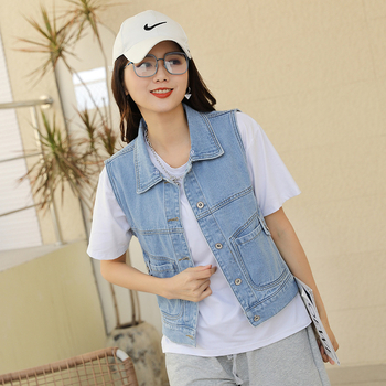Dámska džínsová vesta s kapucňou, univerzálny jarný a letný sveter svetlomodrý krátky sveter s čiapkou, úzka bunda bez rukávov