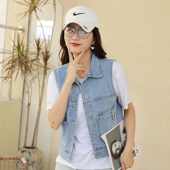 Dámska džínsová vesta s kapucňou, univerzálny jarný a letný sveter svetlomodrý krátky sveter s čiapkou, úzka bunda bez rukávov