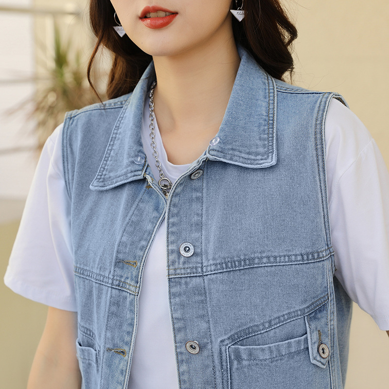 Dámska džínsová vesta s kapucňou, univerzálny jarný a letný sveter svetlomodrý krátky sveter s čiapkou, úzka bunda bez rukávov