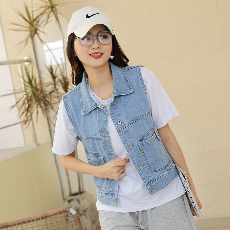 Dámska džínsová vesta s kapucňou, univerzálny jarný a letný sveter svetlomodrý krátky sveter s čiapkou, úzka bunda bez rukávov