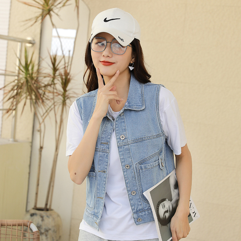Dámska džínsová vesta s kapucňou, univerzálny jarný a letný sveter svetlomodrý krátky sveter s čiapkou, úzka bunda bez rukávov