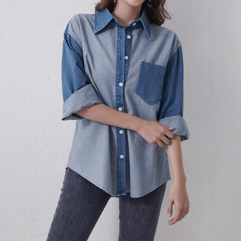 2024 AliExpress Denim Μονόχρωμο Κομψό Ζακέτα Commuter με Μακρυμάνικο Στυλ, Ευρωπαϊκό και Αμερικανικό Πέο, Μονόπετο Τζιν Πουκάμισο με Χρώματα