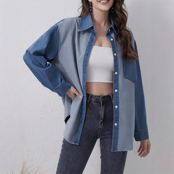 2024 AliExpress Denim Μονόχρωμο Κομψό Ζακέτα Commuter με Μακρυμάνικο Στυλ, Ευρωπαϊκό και Αμερικανικό Πέο, Μονόπετο Τζιν Πουκάμισο με Χρώματα