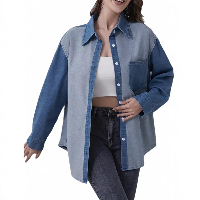 2024 AliExpress Denim Culoare Solidă Elegant Cardigan Cu Mânecă Lungă Cu Rever European și American Cămașă Din Denim Cu Blocuri De Colorat