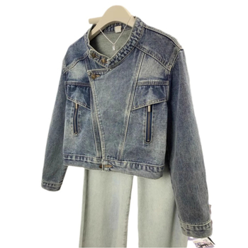 Γυναικείο τζιν μπουφάν υψηλής ποιότητας με ρετρό σχεδιασμό σε αμερικανικό στιλ και γιακά, για την άνοιξη και το φθινόπωρο του 2024, νέο χαλαρό κοντό μπουφάν