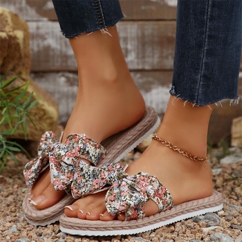 Dámske papuče pre väčšie veľkosti na vrchné nosenie, nový štýl, ľahké sandále a papuče s mašľou a plochým podpätkom pre ženy