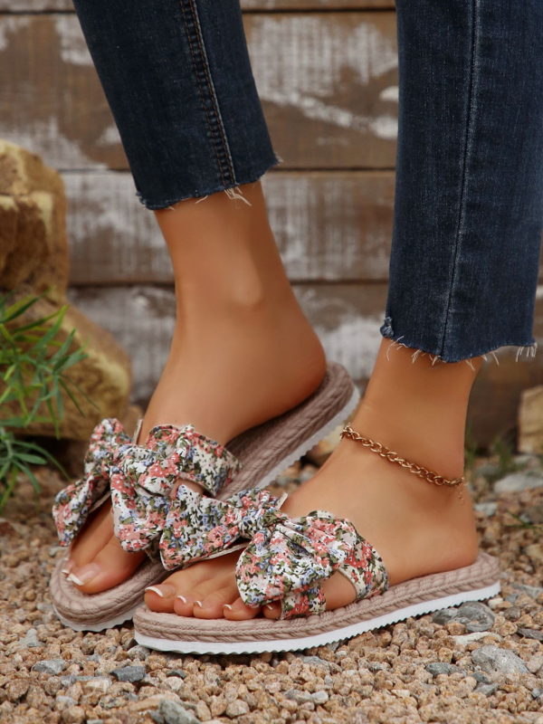 Dámske papuče pre väčšie veľkosti na vrchné nosenie, nový štýl, ľahké sandále a papuče s mašľou a plochým podpätkom pre ženy