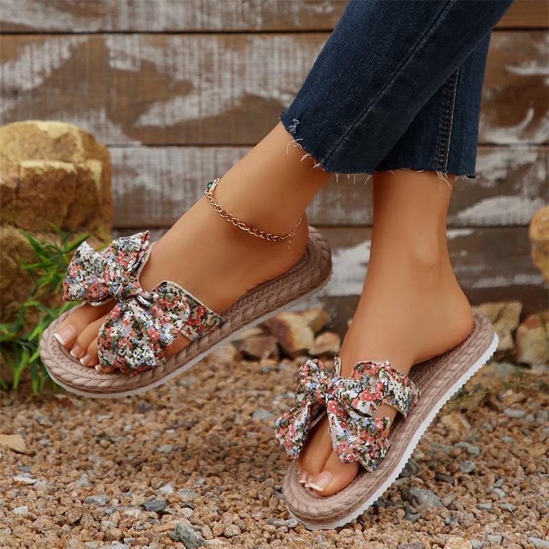 Dámske papuče pre väčšie veľkosti na vrchné nosenie, nový štýl, ľahké sandále a papuče s mašľou a plochým podpätkom pre ženy