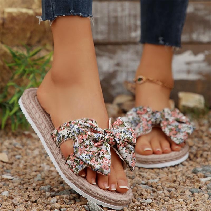 Dámske papuče pre väčšie veľkosti na vrchné nosenie, nový štýl, ľahké sandále a papuče s mašľou a plochým podpätkom pre ženy