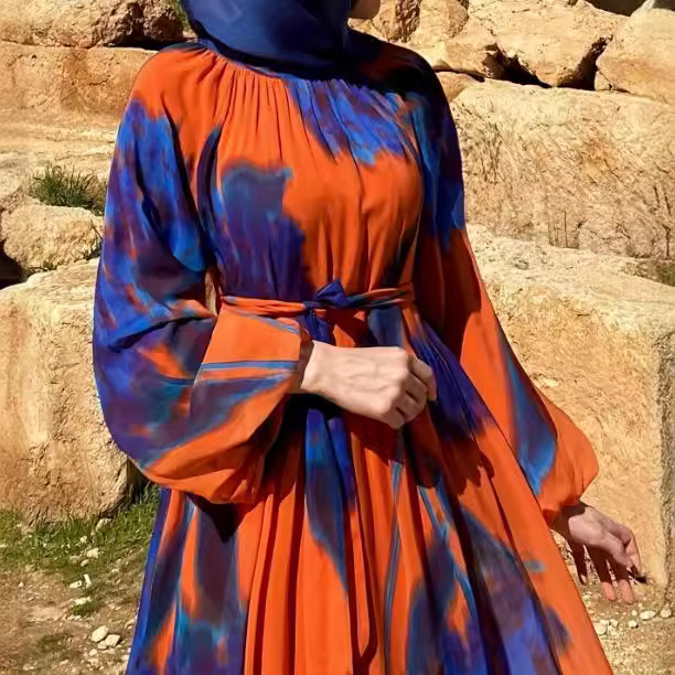 M2733 Amazon prekogranična ženska muslimanska nova šifonska printana modna haljina s remenom