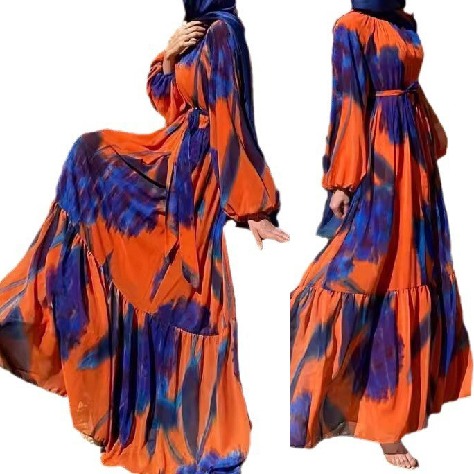 M2733 Amazon prekogranična ženska muslimanska nova šifonska printana modna haljina s remenom