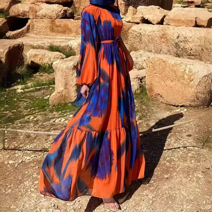 M2733 Amazon prekogranična ženska muslimanska nova šifonska printana modna haljina s remenom