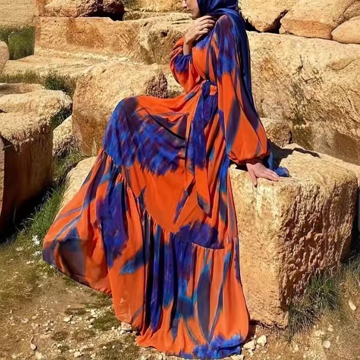 M2733 Amazon prekogranična ženska muslimanska nova šifonska printana modna haljina s remenom