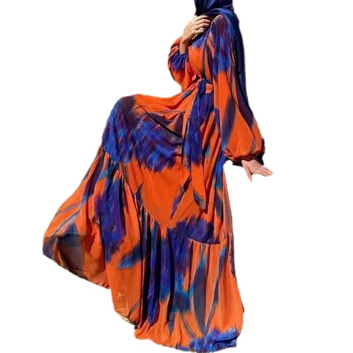 M2733 Amazon prekogranična ženska muslimanska nova šifonska printana modna haljina s remenom