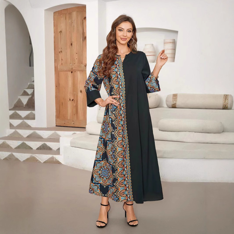 2024 Cezhraničné real-time horúce predajné potlačené šité dlhé šaty Elegantné dlhé šaty z Blízkeho východu