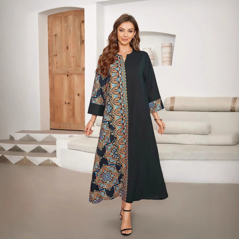 2024 Cezhraničné real-time horúce predajné potlačené šité dlhé šaty Elegantné dlhé šaty z Blízkeho východu