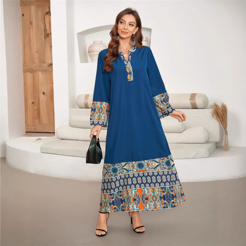 Európa a Spojené štáty cezhraničné horúce šitie dlhé elegantné šaty s dlhým rukávom a výstrihom do V, blúzka Blízkeho východu, Amazonka, dlhé