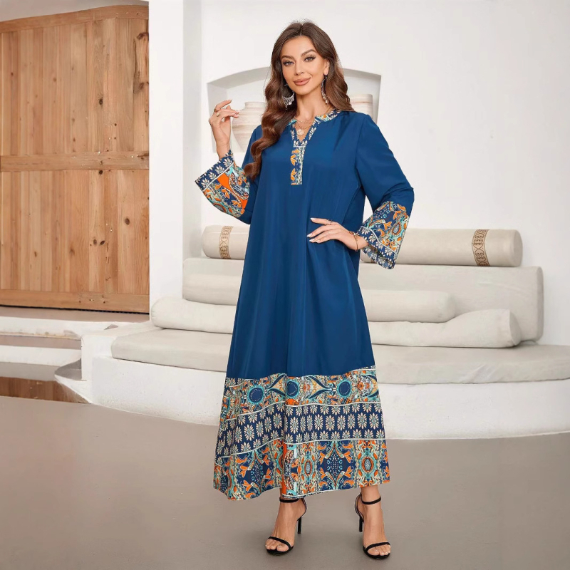 Európa a Spojené štáty cezhraničné horúce šitie dlhé elegantné šaty s dlhým rukávom a výstrihom do V, blúzka Blízkeho východu, Amazonka, dlhé