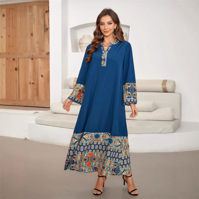 Európa a Spojené štáty cezhraničné horúce šitie dlhé elegantné šaty s dlhým rukávom a výstrihom do V, blúzka Blízkeho východu, Amazonka, dlhé