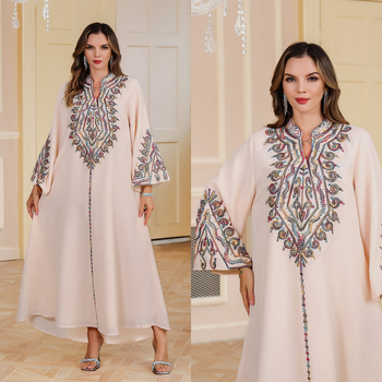 Ρόμπα από τη Μέση Ανατολή του Ντουμπάι, Γυναικεία Ρόμπα, Γυναικεία Ρόμπα από Αραβικό Τύπωμα, Κεντημένο Φόρεμα από Μουσιλίν