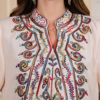 Ρόμπα από τη Μέση Ανατολή του Ντουμπάι, Γυναικεία Ρόμπα, Γυναικεία Ρόμπα από Αραβικό Τύπωμα, Κεντημένο Φόρεμα από Μουσιλίν