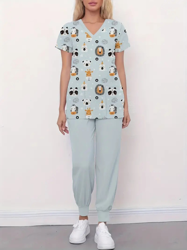 Otsemüük Hulgimüük Laos Naiste V-kaelusega tavaliste õlgadega kitsa lõikega lühikeste varrukatega topelttaskutega õe vormiriietus 3D-digitaalprintimisega