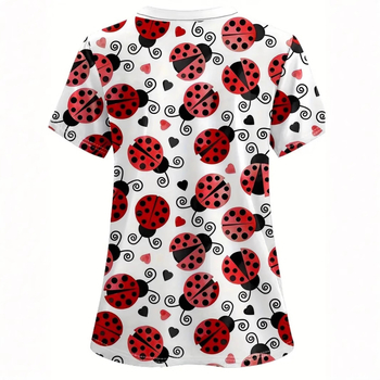 Naiste V-kaelusega, õla ja vöökohaga lühikeste varrukatega T-särk, taskutega meditsiinilise abi riided, müügil lepatriinu seitsme tähega 3D-printimise mustriga.