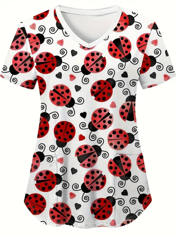 Naiste V-kaelusega, õla ja vöökohaga lühikeste varrukatega T-särk, taskutega meditsiinilise abi riided, müügil lepatriinu seitsme tähega 3D-printimise mustriga.