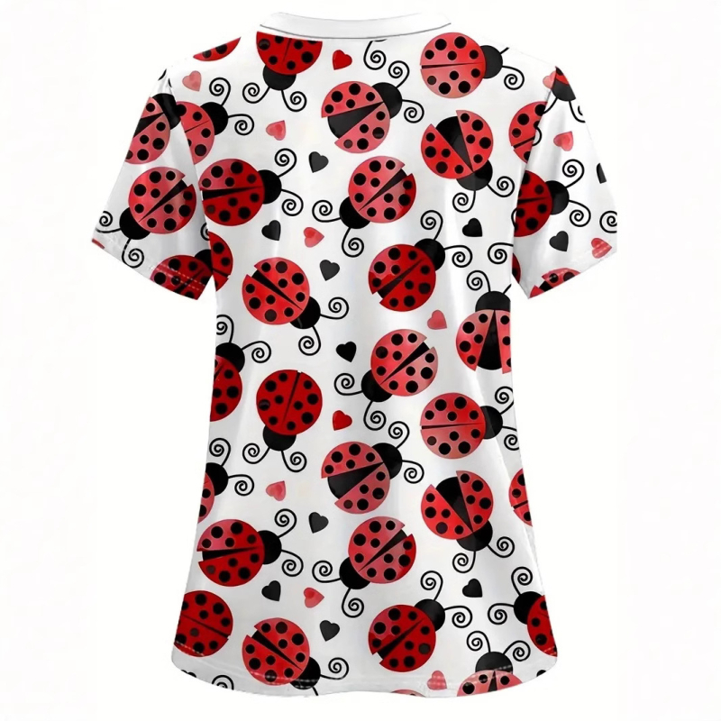 Naiste V-kaelusega, õla ja vöökohaga lühikeste varrukatega T-särk, taskutega meditsiinilise abi riided, müügil lepatriinu seitsme tähega 3D-printimise mustriga.