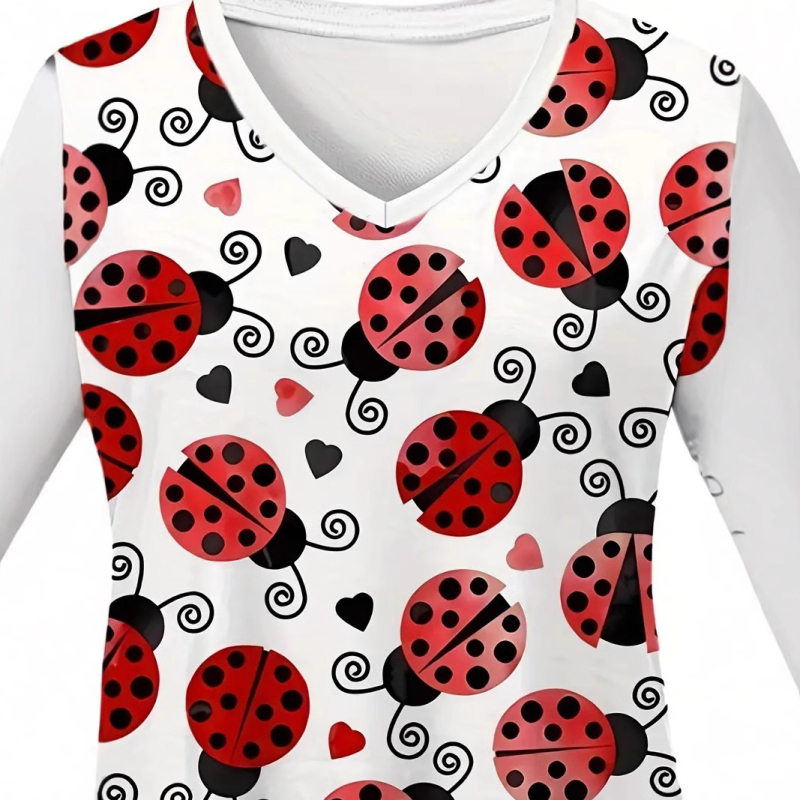 Naiste V-kaelusega, õla ja vöökohaga lühikeste varrukatega T-särk, taskutega meditsiinilise abi riided, müügil lepatriinu seitsme tähega 3D-printimise mustriga.