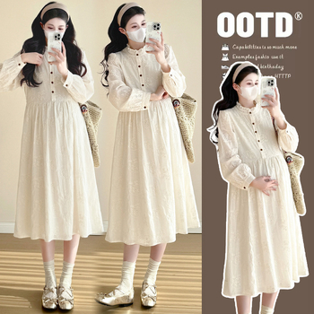 Tikras kadras iš sandėlio nėščioms moterims pavasario nauja prancūziška aukštos kokybės siuvinėjimo laisva plona graži viršutinio drabužio ilgomis rankovėmis suknelė