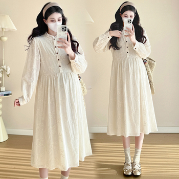 Tikras kadras iš sandėlio nėščioms moterims pavasario nauja prancūziška aukštos kokybės siuvinėjimo laisva plona graži viršutinio drabužio ilgomis rankovėmis suknelė