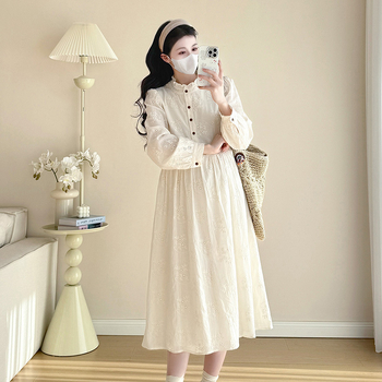 Tikras kadras iš sandėlio nėščioms moterims pavasario nauja prancūziška aukštos kokybės siuvinėjimo laisva plona graži viršutinio drabužio ilgomis rankovėmis suknelė