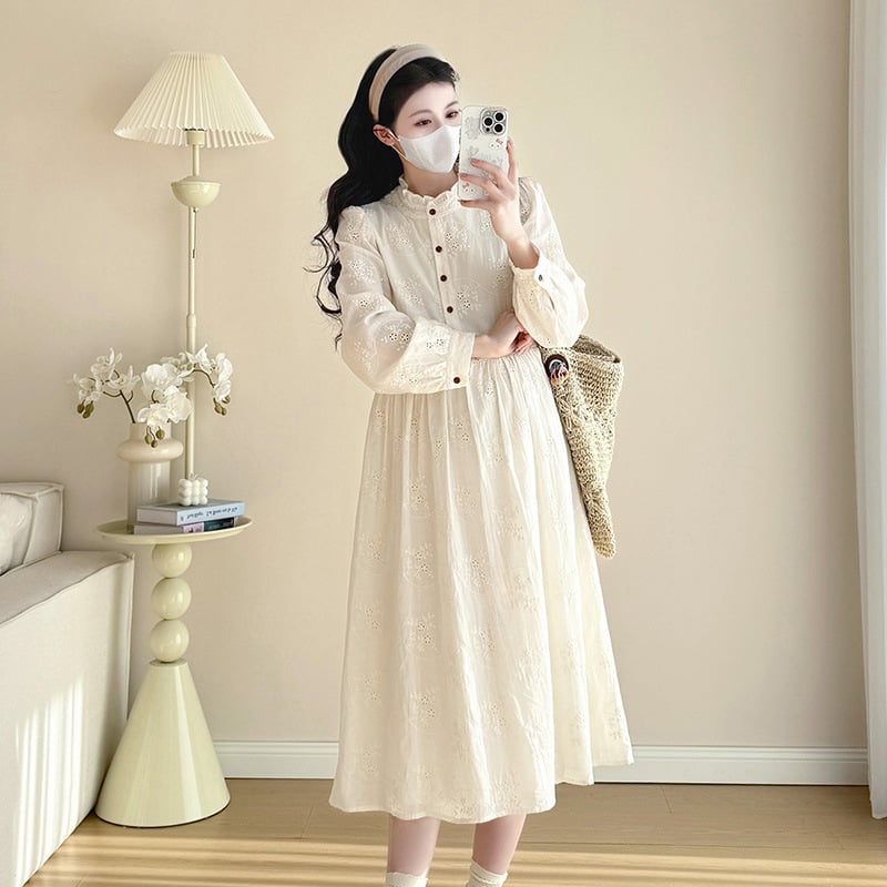 Tikras kadras iš sandėlio nėščioms moterims pavasario nauja prancūziška aukštos kokybės siuvinėjimo laisva plona graži viršutinio drabužio ilgomis rankovėmis suknelė