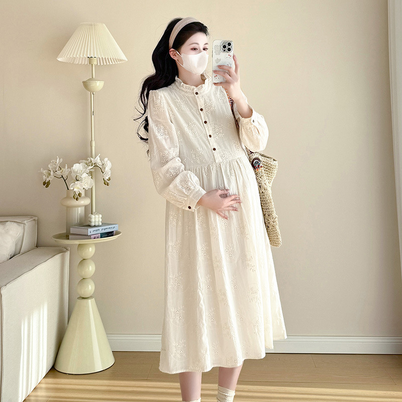 Tikras kadras iš sandėlio nėščioms moterims pavasario nauja prancūziška aukštos kokybės siuvinėjimo laisva plona graži viršutinio drabužio ilgomis rankovėmis suknelė