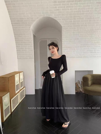 Dámske čierne šaty s dlhým rukávom vo francúzskom štýle, jesenné, slim-fit, s otvoreným chrbtom, elegantné, úzke, zoštíhľujúce, stredne dlhé šaty v štýle Hepburn