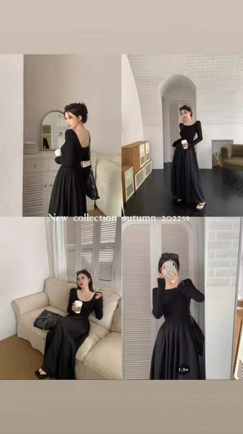 Dámske čierne šaty s dlhým rukávom vo francúzskom štýle, jesenné, slim-fit, s otvoreným chrbtom, elegantné, úzke, zoštíhľujúce, stredne dlhé šaty v štýle Hepburn