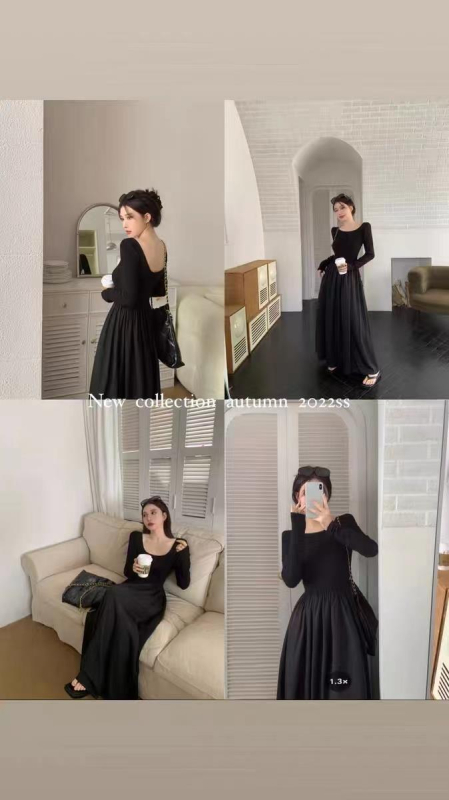 Dámske čierne šaty s dlhým rukávom vo francúzskom štýle, jesenné, slim-fit, s otvoreným chrbtom, elegantné, úzke, zoštíhľujúce, stredne dlhé šaty v štýle Hepburn