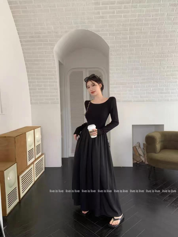 Dámske čierne šaty s dlhým rukávom vo francúzskom štýle, jesenné, slim-fit, s otvoreným chrbtom, elegantné, úzke, zoštíhľujúce, stredne dlhé šaty v štýle Hepburn