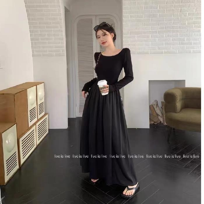 Dámske čierne šaty s dlhým rukávom vo francúzskom štýle, jesenné, slim-fit, s otvoreným chrbtom, elegantné, úzke, zoštíhľujúce, stredne dlhé šaty v štýle Hepburn