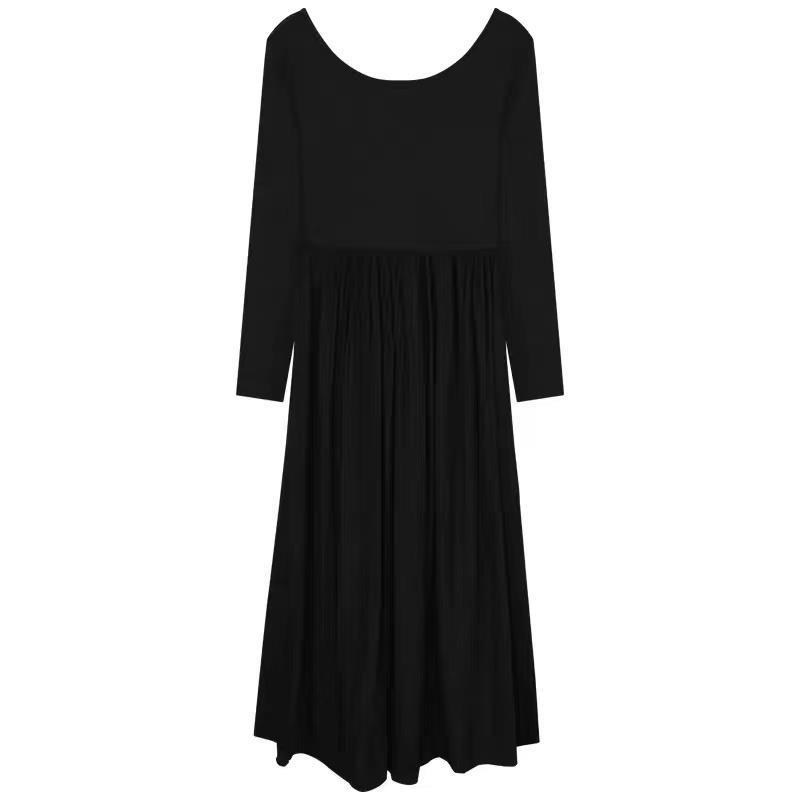 Dámske čierne šaty s dlhým rukávom vo francúzskom štýle, jesenné, slim-fit, s otvoreným chrbtom, elegantné, úzke, zoštíhľujúce, stredne dlhé šaty v štýle Hepburn