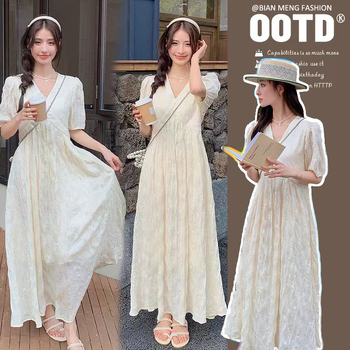 Nėščiųjų vasarinė suknelė Nauja prancūziško stiliaus švelnaus stiliaus V formos iškirpte Arbatos pertraukėlė Tekstūros jausmas Fėja Karšta Mama Elegantiška Liekninimo suknelė Madinga