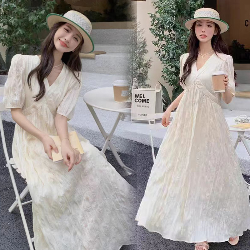 Nėščiųjų vasarinė suknelė Nauja prancūziško stiliaus švelnaus stiliaus V formos iškirpte Arbatos pertraukėlė Tekstūros jausmas Fėja Karšta Mama Elegantiška Liekninimo suknelė Madinga