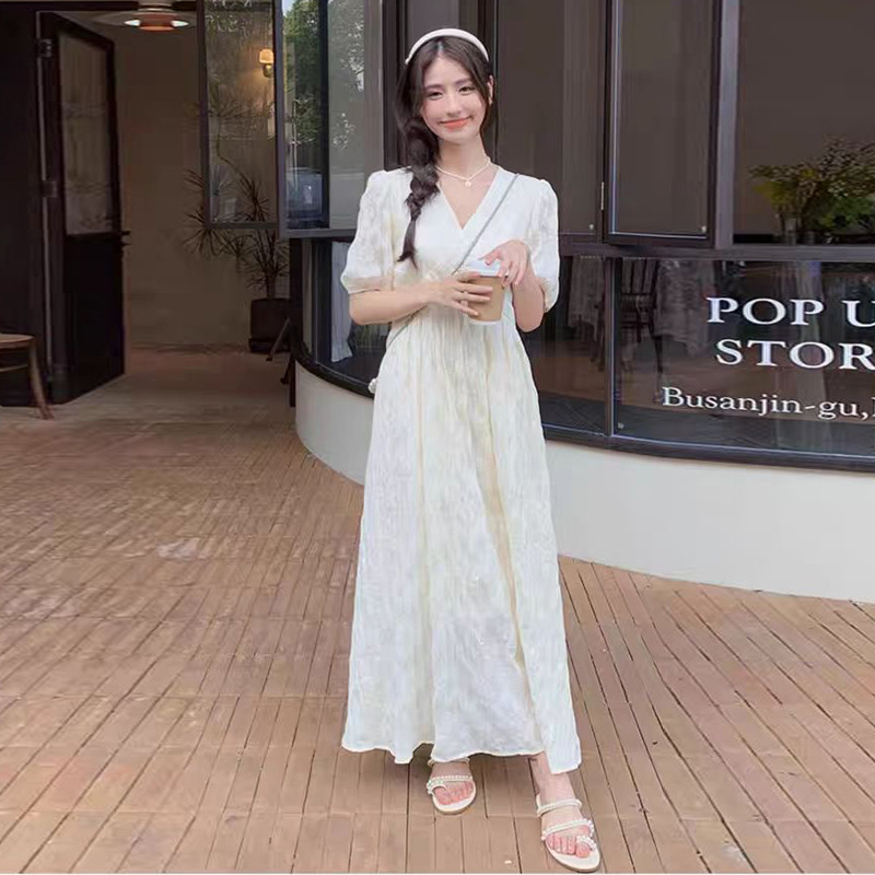 Nėščiųjų vasarinė suknelė Nauja prancūziško stiliaus švelnaus stiliaus V formos iškirpte Arbatos pertraukėlė Tekstūros jausmas Fėja Karšta Mama Elegantiška Liekninimo suknelė Madinga