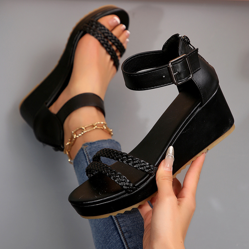 Dámske kožené sandále s hrubou podrážkou a zapletenou prackou, pohodlné, ležérne, denné, čierne